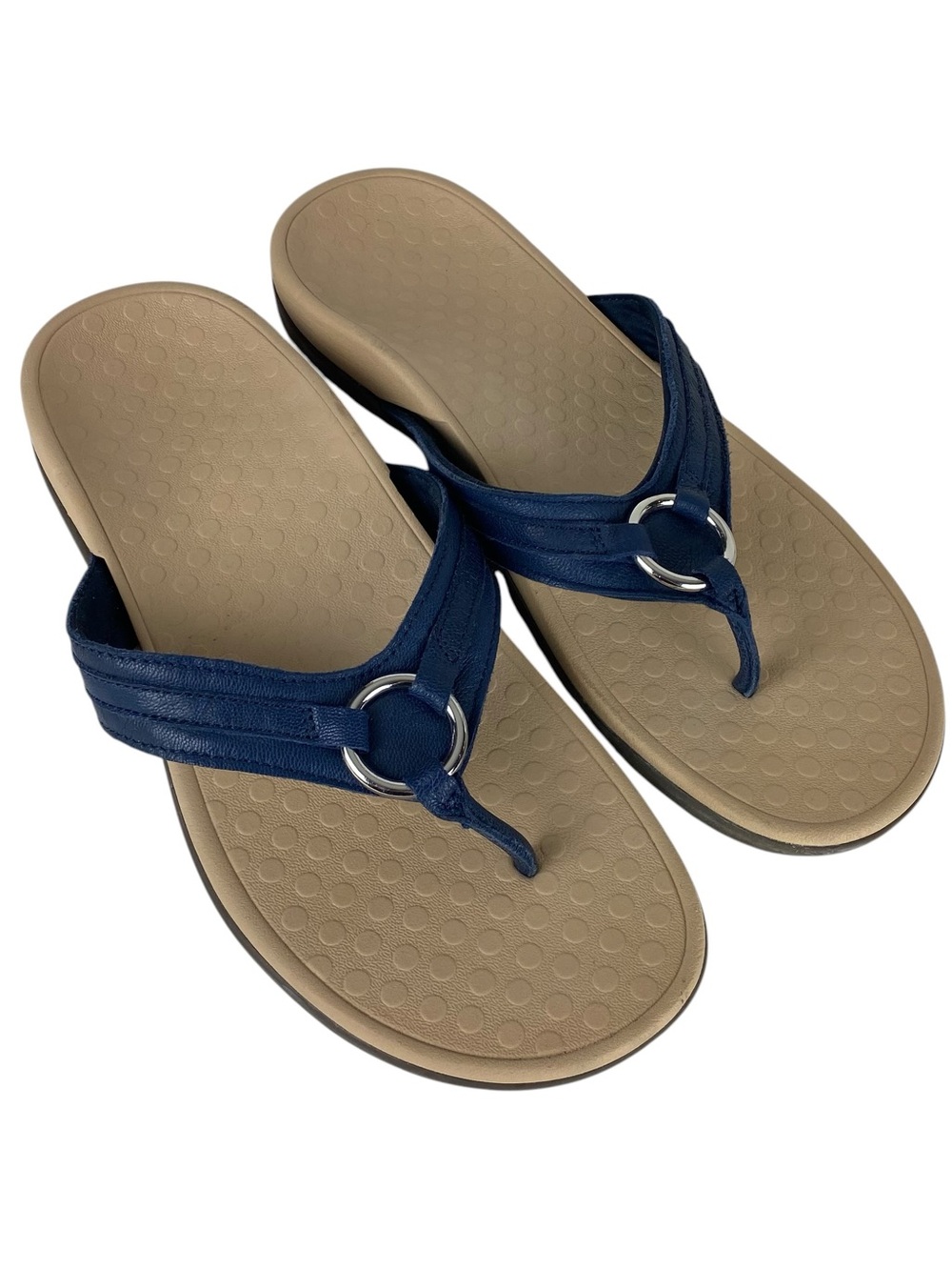 Vionic Aloe Navy Blue Leather Sandals Toe Post Orthotic Arch Thongs Flip Flops - Picture 5 of 11